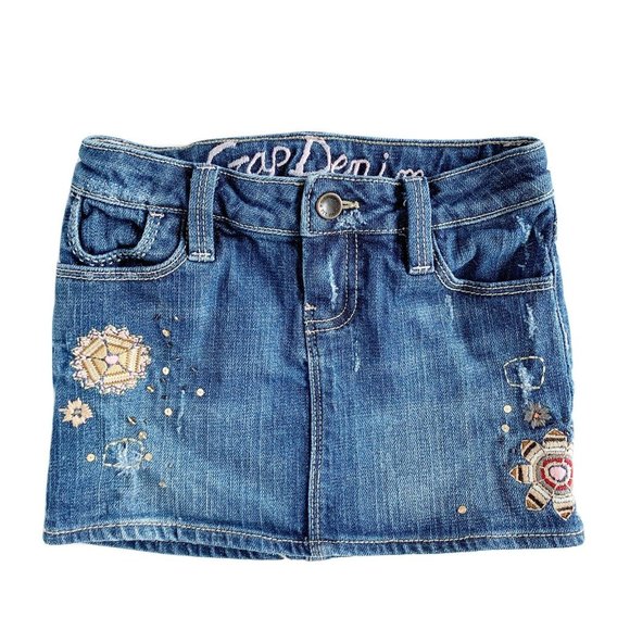 Denim Embroidered Embellished Distressed Skirt 5 - Picture 1 of 8